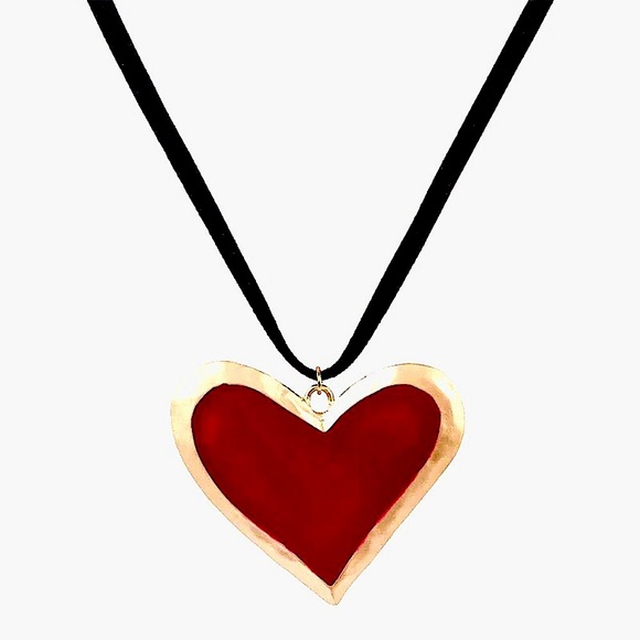 NEW Gold Rim Red Enamel Large Heart Necklace - Picture 3 of 12